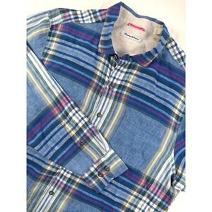 Tommy Bahama Men's Large 100% Linen Madras Long Sleeve Shirt Plaid Colorful